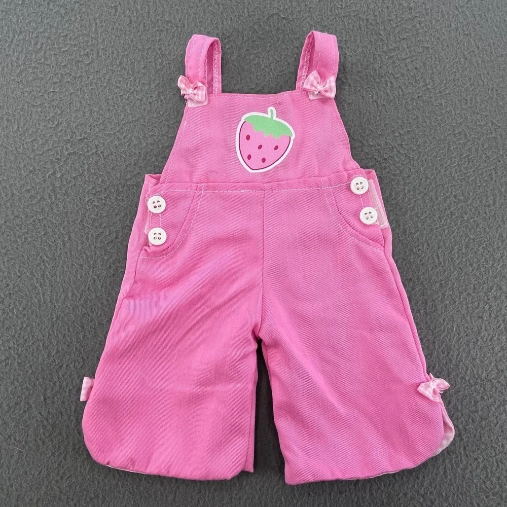 Strawberry Pink Twill Doll Overalls Gingham Trim 15-18 Inch Doll Clothes Romper